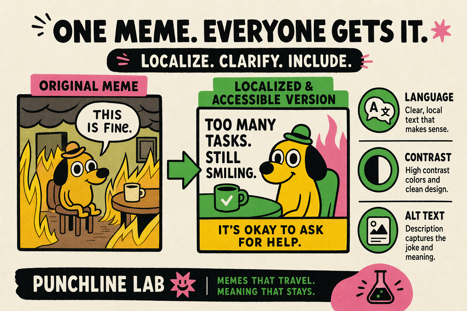 Meme localization and accessibility example with contrast and clarity cues.